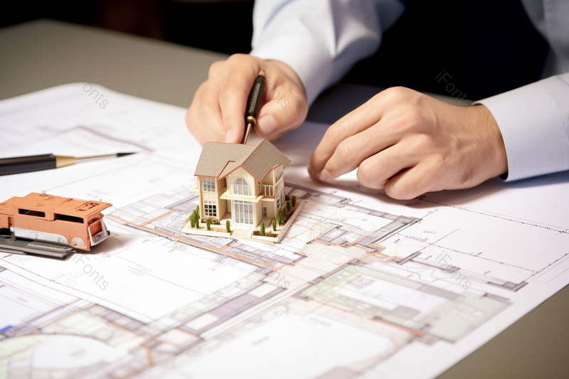 室内设计师拿着钢笔在图纸上做记号,高清,摄影图,摄影图片,图片大全,摄影图免费下载